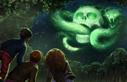 HD desktop wallpaper from Harry Potter and the Goblet of Fire showing Ron, Hermione, and Harry at night, watching a glowing green skull-shaped snake in the sky.