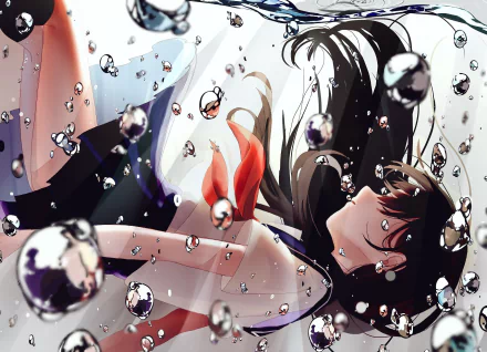 HD desktop wallpaper featuring an original anime character with long dark hair submerged in water, surrounded by bubbles, wearing a white and red outfit.