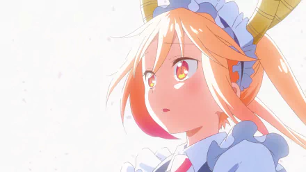 HD desktop wallpaper featuring Tohru from Miss Kobayashi's Dragon Maid. The anime character is depicted with orange hair, horns, and a maid outfit, gazing off into the distance with a bright background.