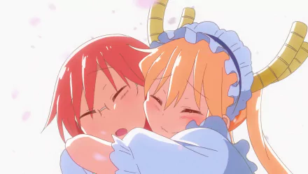 HD desktop wallpaper featuring Kobayashi and Tohru from Miss Kobayashi's Dragon Maid, showcasing an affectionate moment between the two anime characters.