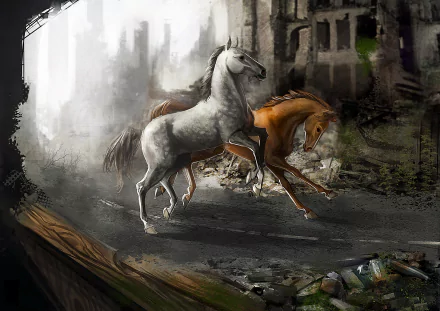 Two horses gallop through a foggy, post-apocalyptic sci-fi city with ruined buildings, depicted in a high-definition PC desktop wallpaper style.