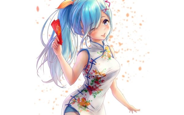 Anime Girl Chinese Dress Smile Wink Blush White Dress Dress Long Hair Blue Hair Blue Eyes HD Wallpaper | Background Image
