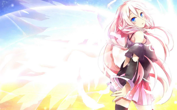 HD desktop wallpaper featuring IA from Vocaloid, depicted in an anime style with long pink hair, set against a bright, ethereal background.