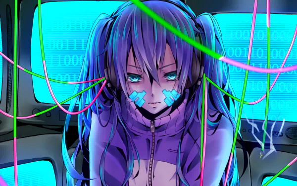 HD desktop wallpaper of Takane 'Ene' Enomoto from the Kagerou Project anime. The image depicts her surrounded by neon wires against a backdrop of digital binary code screens.