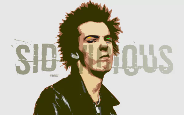 HD desktop wallpaper featuring a portrait of punk musician Sid Vicious from the Sex Pistols, with his name in bold text behind him.