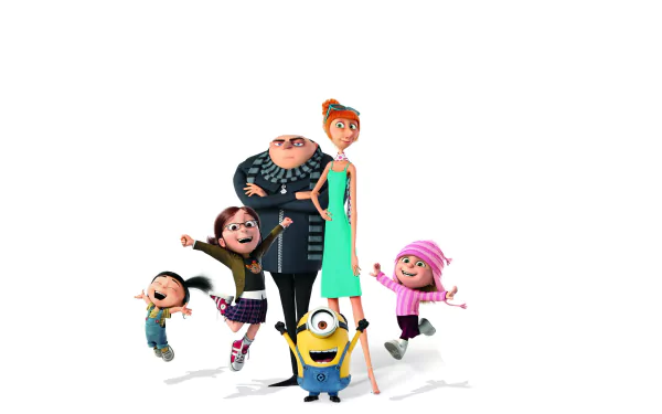 4K Ultra HD wallpaper featuring Gru, Lucy, Margo, Edith, Agnes, and a Minion from Despicable Me 3 standing together on a white background.