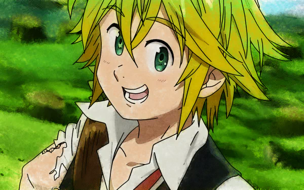 HD desktop wallpaper featuring Meliodas from The Seven Deadly Sins anime, set against a vibrant green outdoor background.