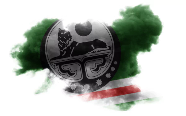 HD PC desktop wallpaper featuring the Flag of Chechnya with a stylized smoky green, white, and red background and the Chechen emblem in the center.