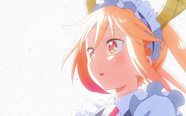 HD desktop wallpaper featuring Tohru from Miss Kobayashi's Dragon Maid. The anime character is depicted with orange hair, horns, and a maid outfit, gazing off into the distance with a bright background.