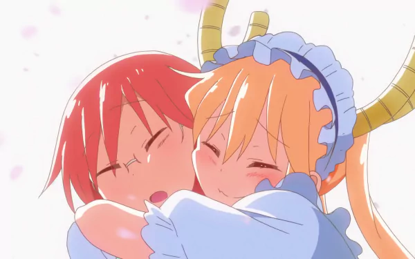 HD desktop wallpaper featuring Kobayashi and Tohru from Miss Kobayashi's Dragon Maid, showcasing an affectionate moment between the two anime characters.
