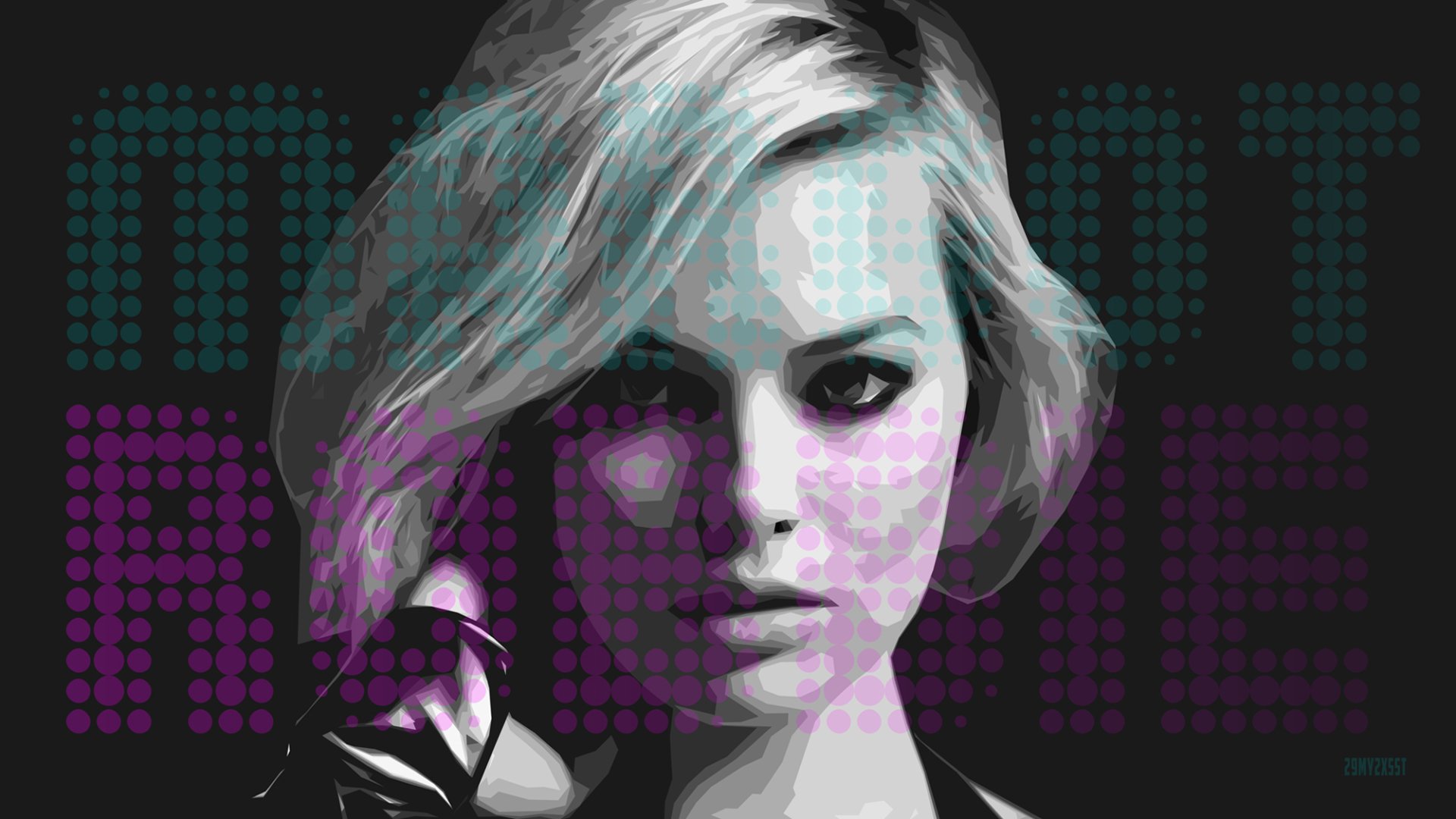 Black & white HD desktop wallpaper featuring a portrait of actress and celebrity Margot Robbie, adorned with artistic dot effects.