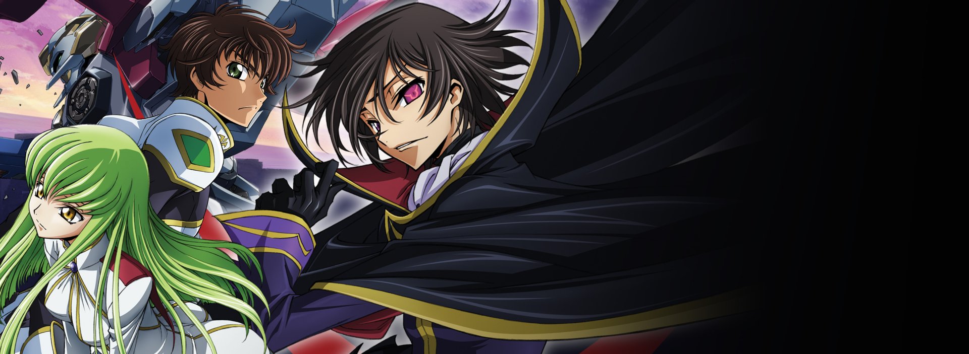 2K Quad HD Code Geass PC wallpaper showing Lelouch Lamperouge in a flowing black cloak, flanked by Suzaku Kururugi and C.C., bold anime colors and dramatic, dynamic composition.
