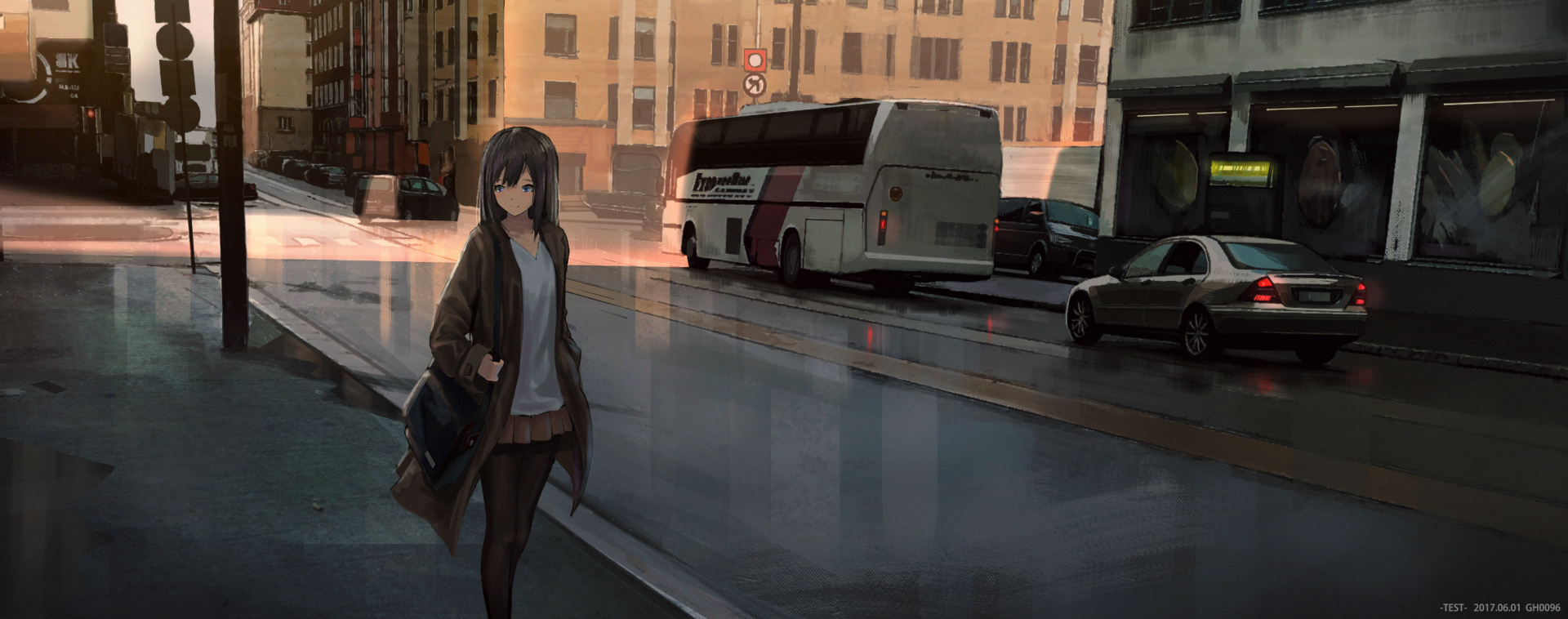 HD anime wallpaper of an original character standing on a rainy city street next to a bus and cars. The setting is urban with tall buildings and muted evening lighting.