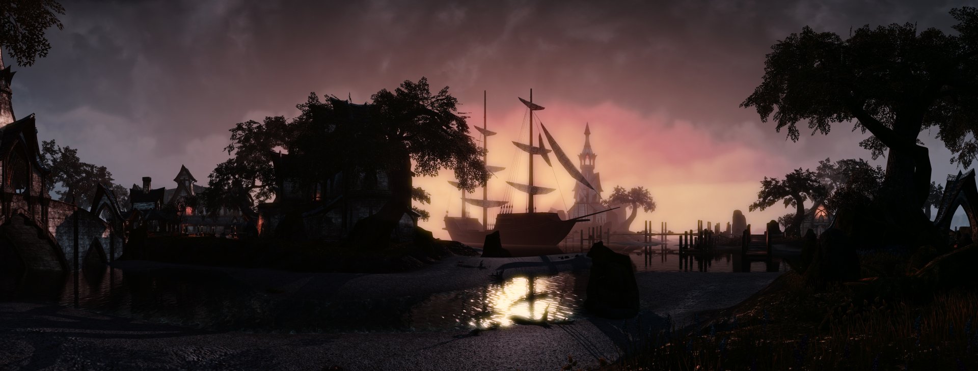 4K Ultra HD desktop wallpaper from The Elder Scrolls Online features a serene harbor scene at dusk with silhouetted ships and trees against a colorful sky.