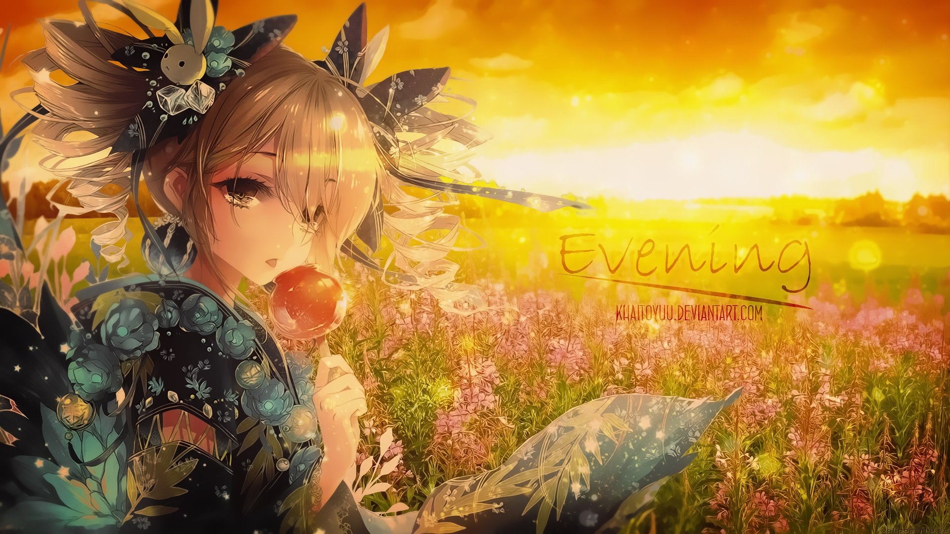 Anime-style HD PC desktop wallpaper from Benghuai Xueyuan featuring a girl with guns enjoying a sunset in a vibrant flower field during a school day.
