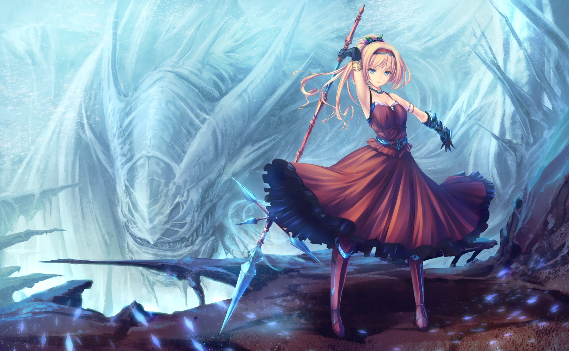 HD desktop wallpaper featuring an original anime character in a stylish red dress, wielding a staff, with an ethereal, icy background highlighting her determined stance.