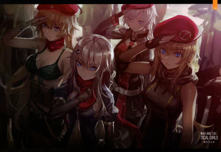 HD wallpaper of characters from the video game Girls Frontline. Four female characters with blonde hair and military uniforms pose confidently, highlighted by dramatic lighting.