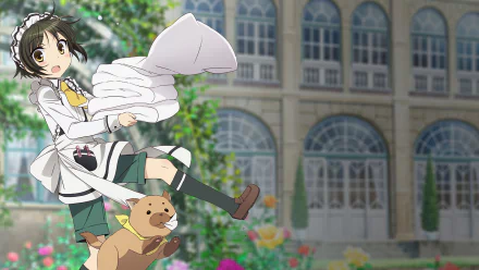 Chihiro Komiya from Shonen Maid joyfully carries laundry with a dog running beside him in a bright garden, featured in an HD anime PC desktop wallpaper background.