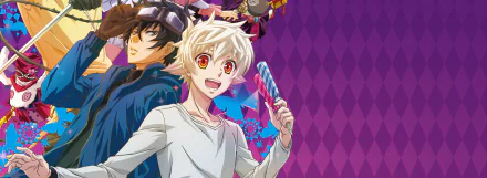 2K Quad HD PC desktop wallpaper and background: Anime Karneval featuring Nai (Karneval) holding a striped candy stick and Gareki (Karneval) against a vibrant purple diamond backdrop.