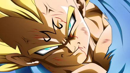 An intense Anime Dragon Ball Z HD desktop wallpaper featuring a determined character with blond hair and battle scars, showcased in vibrant colors against a blue background.