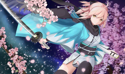 HD desktop wallpaper featuring Sakura Saber from the Fate Series, dressed in a kimono and wielding a katana, with cherry blossoms in the background.
