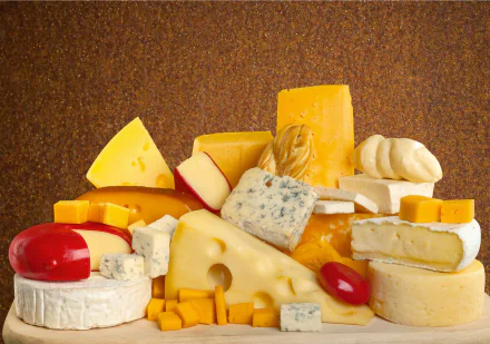Food, cheese — 4K Ultra HD PC desktop wallpaper/background depicting a colorful assortment of cheeses: wedges, rounds, cubes, blue, brie, Swiss and cheddar stacked on a rustic surface.