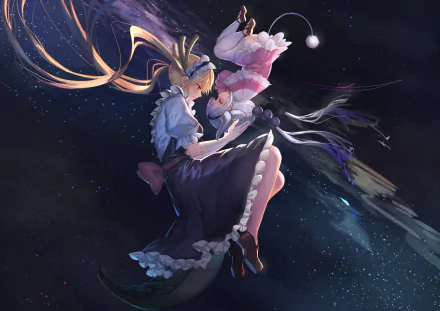 HD desktop wallpaper featuring Tohru and Kanna Kamui from the anime Miss Kobayashi's Dragon Maid, floating gracefully in a starry night sky background.