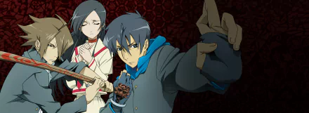 2K Quad HD anime desktop wallpaper from Tokyo Majin Gakuen Kenpucho: Kyouichi Houraiji reaching forward, flanked by Tatsuma Hiyuu and Aoi Misato against a dark patterned backdrop.