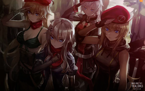 HD wallpaper of characters from the video game Girls Frontline. Four female characters with blonde hair and military uniforms pose confidently, highlighted by dramatic lighting.