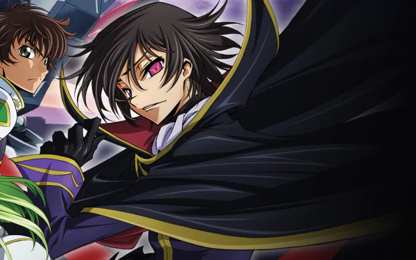 2K Quad HD Code Geass PC wallpaper showing Lelouch Lamperouge in a flowing black cloak, flanked by Suzaku Kururugi and C.C., bold anime colors and dramatic, dynamic composition.