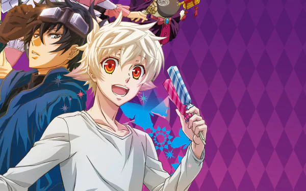 2K Quad HD PC desktop wallpaper and background: Anime Karneval featuring Nai (Karneval) holding a striped candy stick and Gareki (Karneval) against a vibrant purple diamond backdrop.