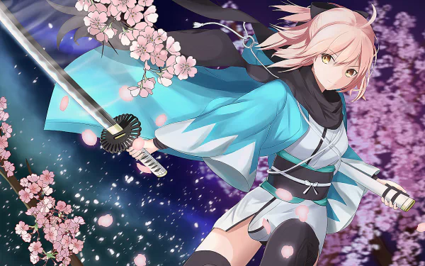 HD desktop wallpaper featuring Sakura Saber from the Fate Series, dressed in a kimono and wielding a katana, with cherry blossoms in the background.