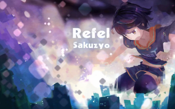 HD PC desktop wallpaper from VOEZ featuring character Refel Sakuzyo leaping through glowing pixel shards and pastel bokeh lights against a dreamy twilight backdrop.