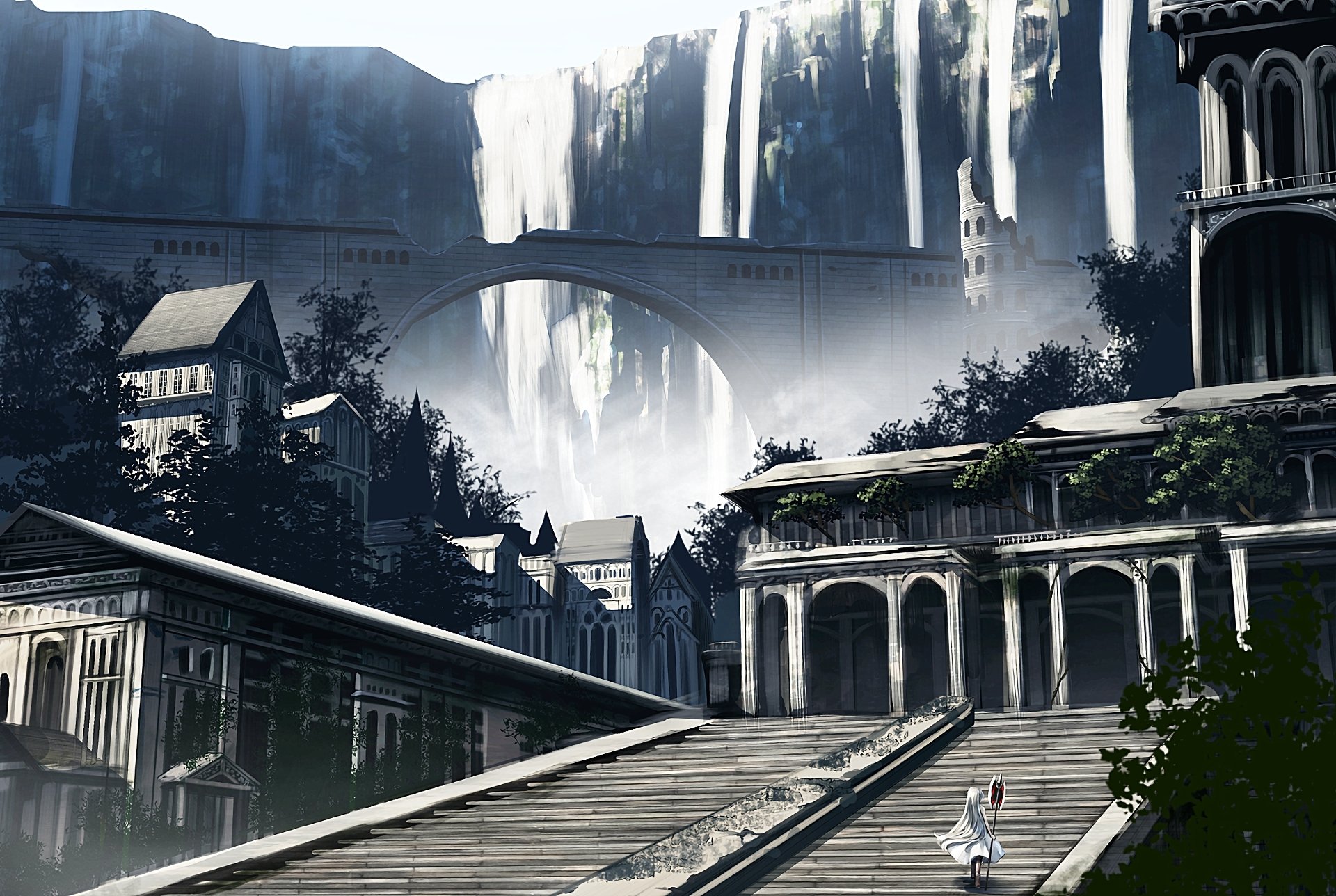 HD anime wallpaper capturing an original scene with grand architecture, cascading waterfalls, and a serene atmosphere.