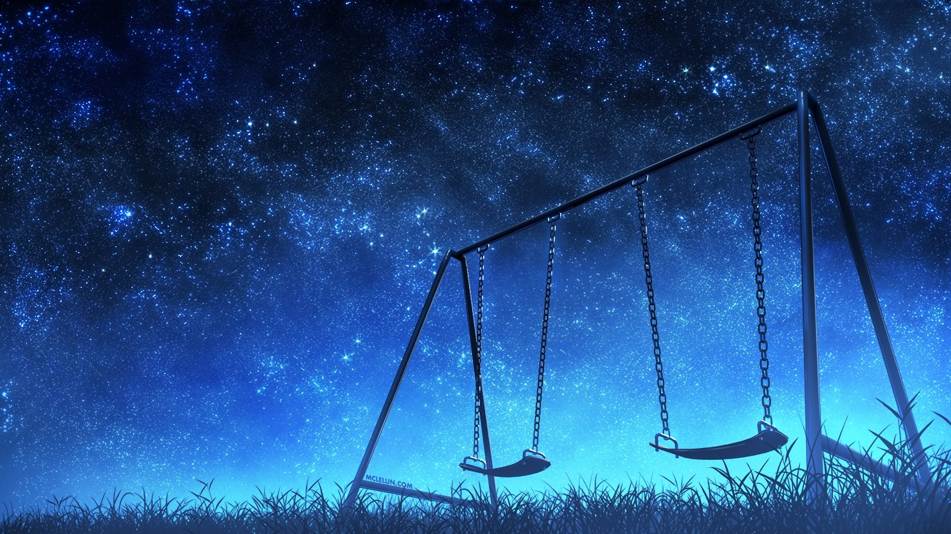 Anime-style HD desktop wallpaper of a swing set against a stunning starry night sky.