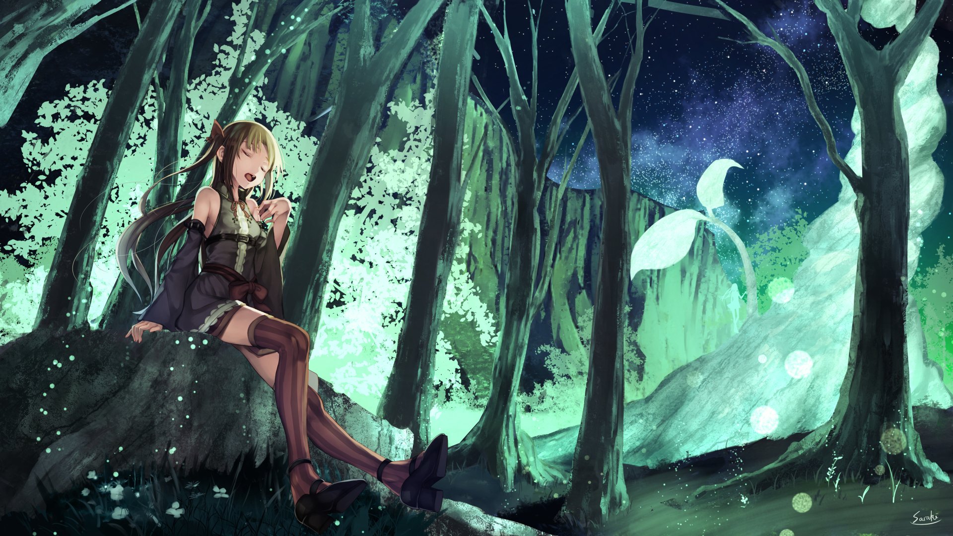 HD anime wallpaper featuring an original character in a mystical forest at night, with glowing green surroundings and a serene atmosphere.