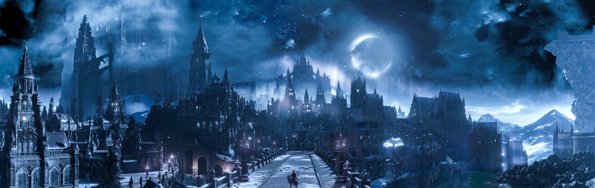 A dark, atmospheric night scene from Dark Souls III featuring a towering city skyline beyond a stone bridge under a glowing moon, rendered in HD for a PC desktop wallpaper.