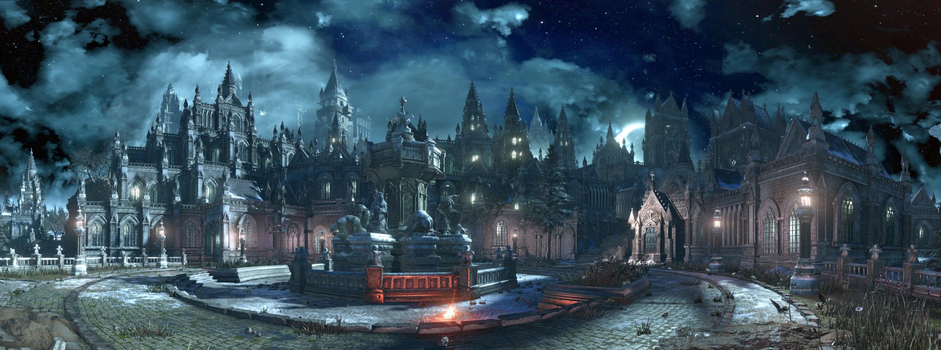 4K Ultra HD Dark Souls III PC wallpaper showcasing a dark, gothic cityscape under a starry, moonlit sky with intricate architecture and eerie ambiance.