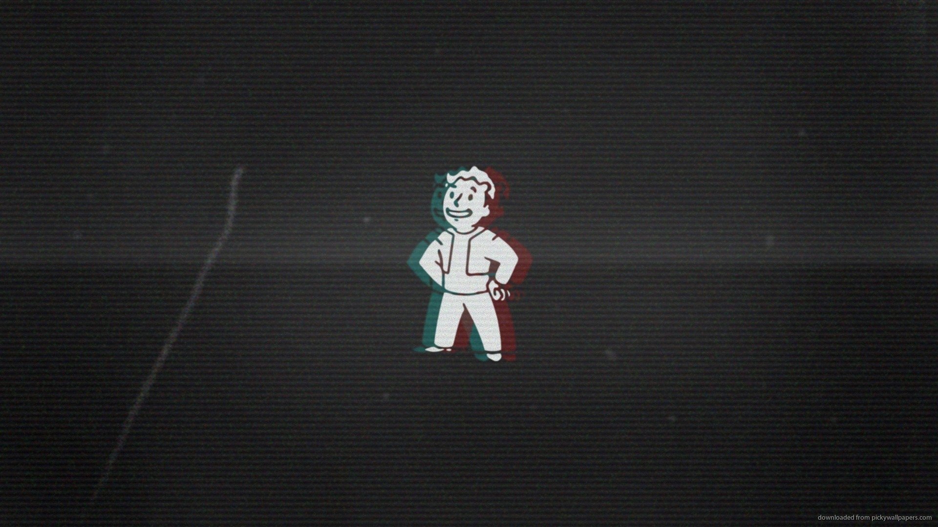 HD PC desktop wallpaper featuring Vault Boy from the video game Fallout with a glitch effect on a dark textured background.