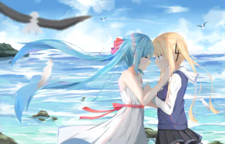 Eriri Spencer Sawamura and Hatsune Miku touch foreheads on a windswept beach, hair and ribbons flowing — 2K Quad HD anime crossover PC desktop wallpaper.