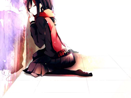 Anime character Ayano Tateyama from the Kagerou Project, with long brown hair, smiling and wearing a scarf, skirt, and thigh highs, sits against a wall. This HD desktop wallpaper is visually striking and colorful.