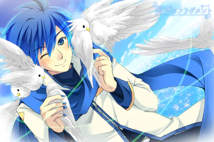HD PC desktop wallpaper featuring Kaito from Vocaloid in anime style, surrounded by white doves against a bright blue sky background.