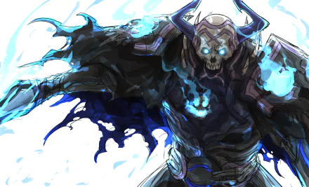 HD PC desktop wallpaper featuring King Hassan from Fate/Grand Order in a dark, eerie anime style with glowing blue flames and a skeletal armor design.