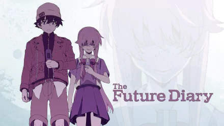 HD desktop wallpaper of yukiteru aman, Yuno Gasai characters from the anime Mirai Nikki. The background shows a larger image of Yuno Gasai with “The Future Diary” text.