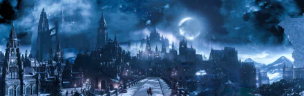 A dark, atmospheric night scene from Dark Souls III featuring a towering city skyline beyond a stone bridge under a glowing moon, rendered in HD for a PC desktop wallpaper.