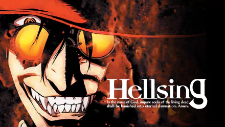 HD anime desktop wallpaper featuring Alucard from Hellsing with a fiery background and the title Hellsing along with a thematic quote.
