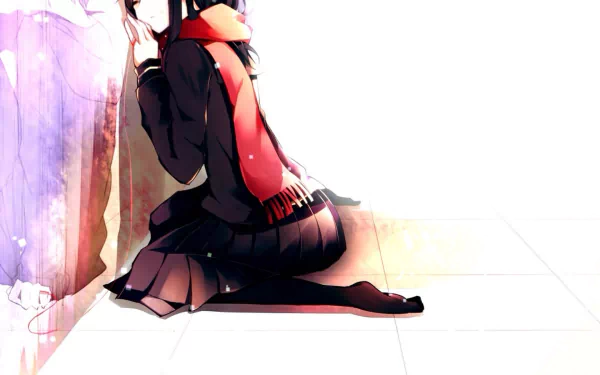 Anime character Ayano Tateyama from the Kagerou Project, with long brown hair, smiling and wearing a scarf, skirt, and thigh highs, sits against a wall. This HD desktop wallpaper is visually striking and colorful.