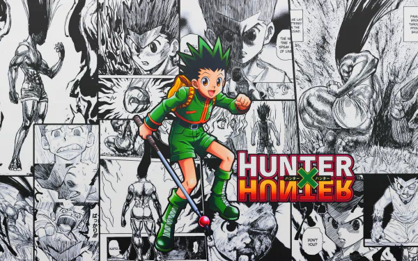 HD desktop wallpaper featuring Gon Freecss from the anime Hunter x Hunter. The background showcases detailed manga panels, with Gon prominently displayed in vibrant colors in the foreground.