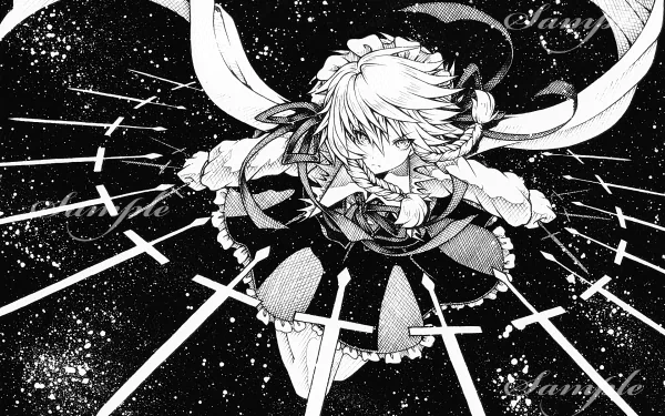 HD anime desktop wallpaper featuring Sakuya Izayoi from Touhou, depicted in dynamic action with knives against a starry, clock-themed black and white background.