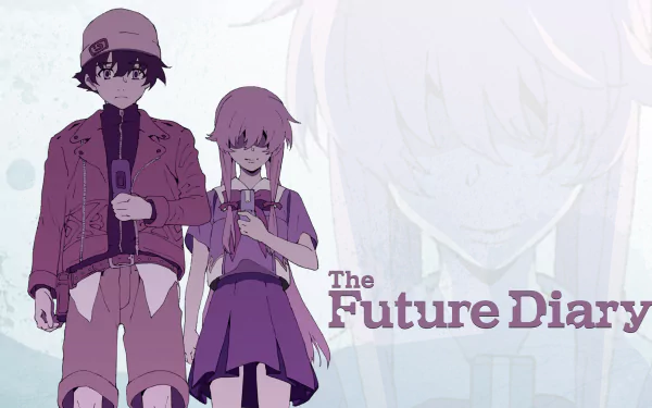HD desktop wallpaper of yukiteru aman, Yuno Gasai characters from the anime Mirai Nikki. The background shows a larger image of Yuno Gasai with “The Future Diary” text.